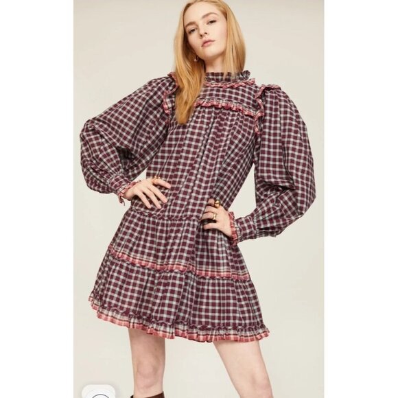 Ulla Johnson Elm Plaid Ruffle Mini Dress Size 8 Burgundy Check Long Sleeve - Picture 5 of 13